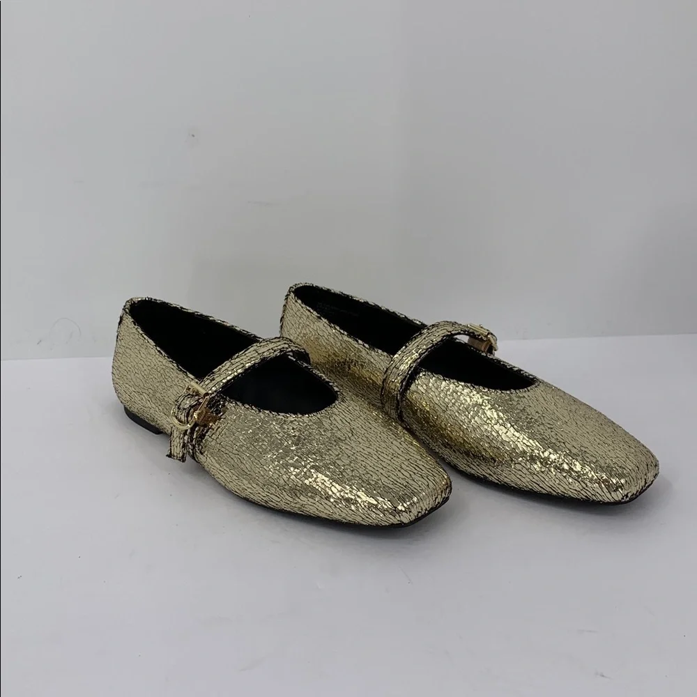 Katy Perry Evie maryjane flat shoe gold metallic crinkle vegan buckle new 9